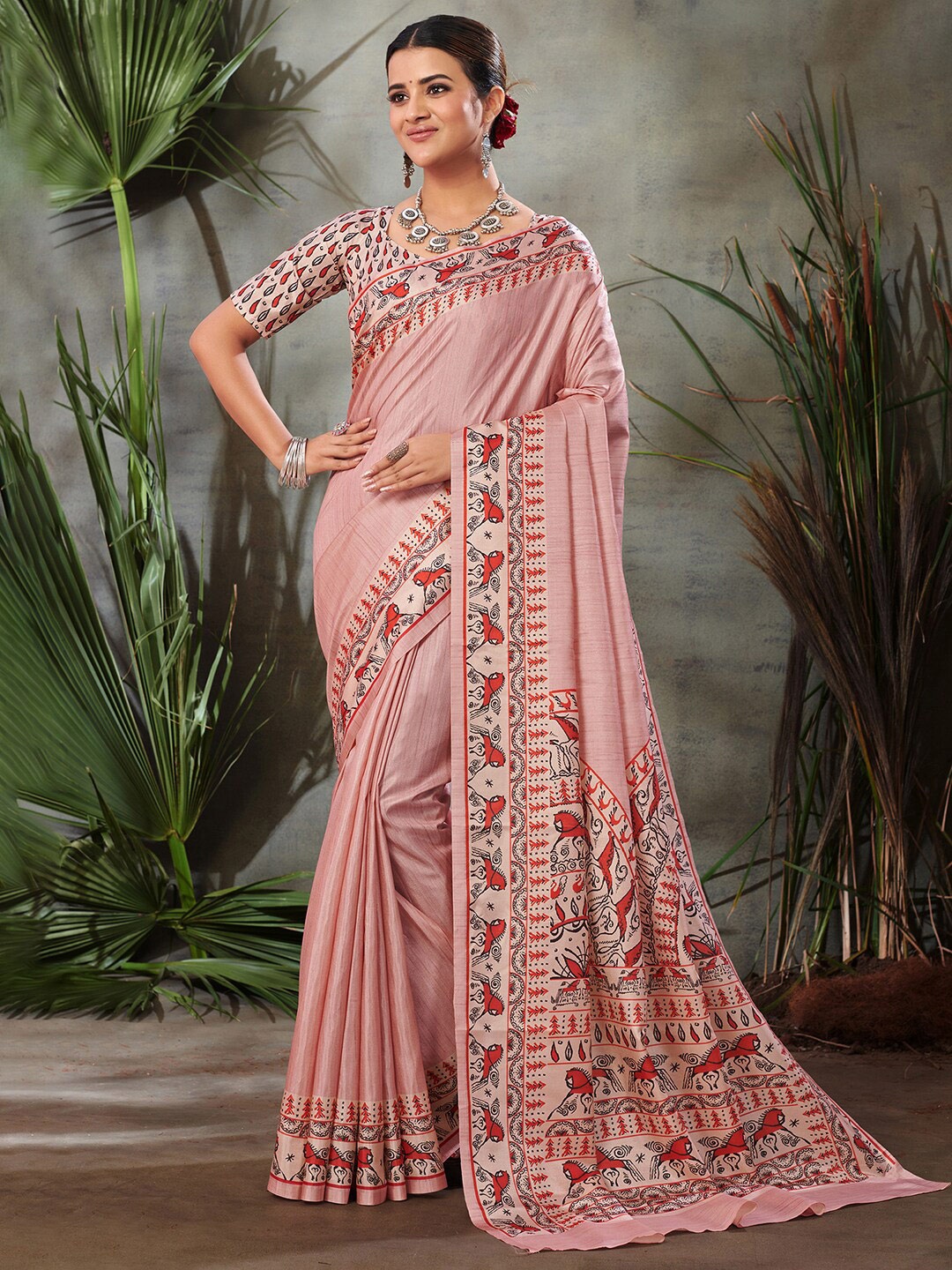 

Saree mall Printed Floral Silk Blend Taant Sarees, Mauve