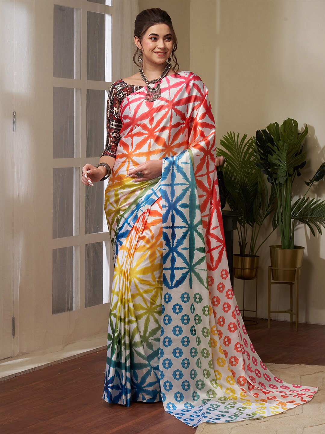 

Saree mall Pure Crepe Block Print Sarees, White