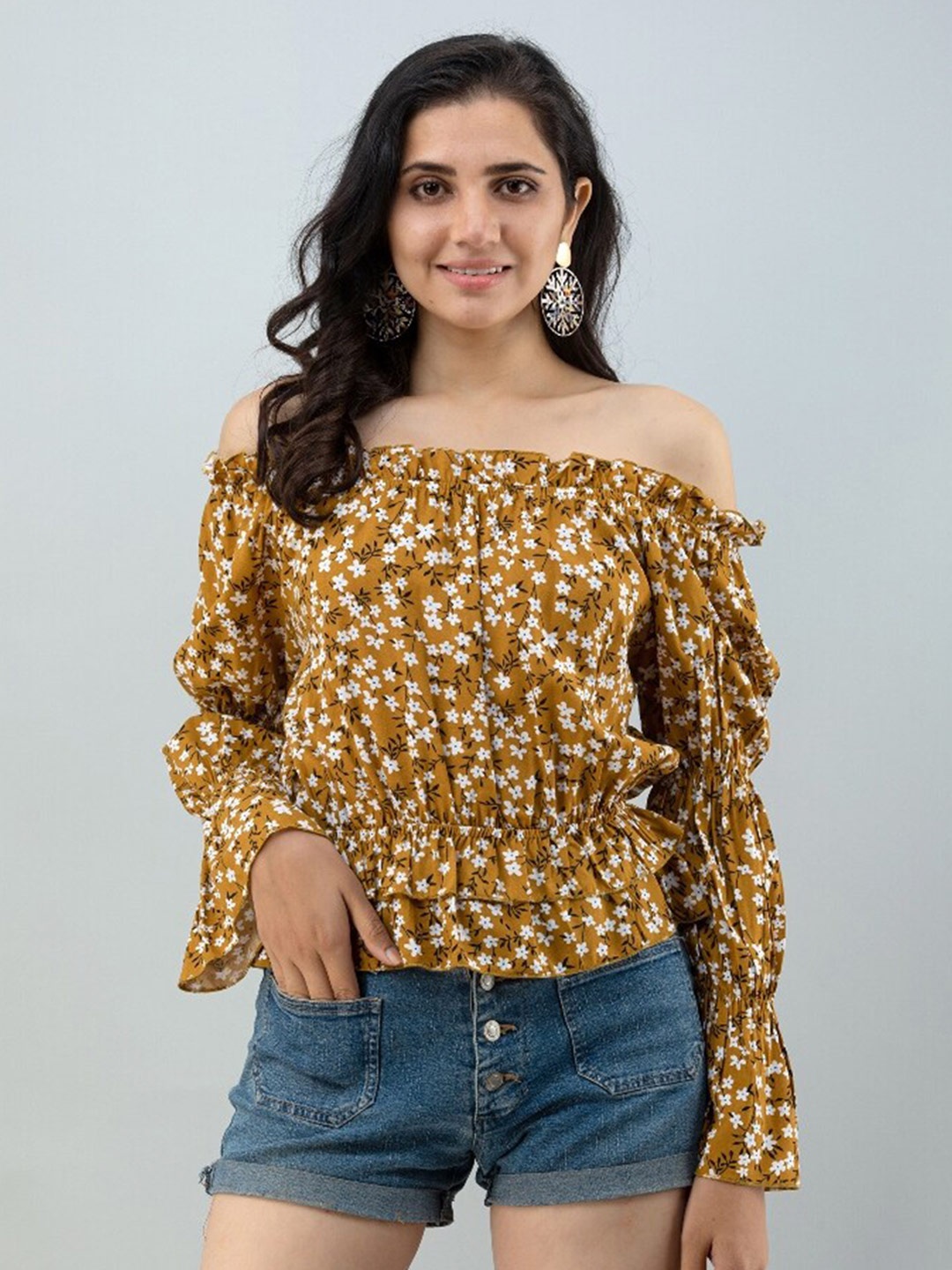 

FLAMBOYANT Floral Print Off-Shoulder Bardot Top, Mustard