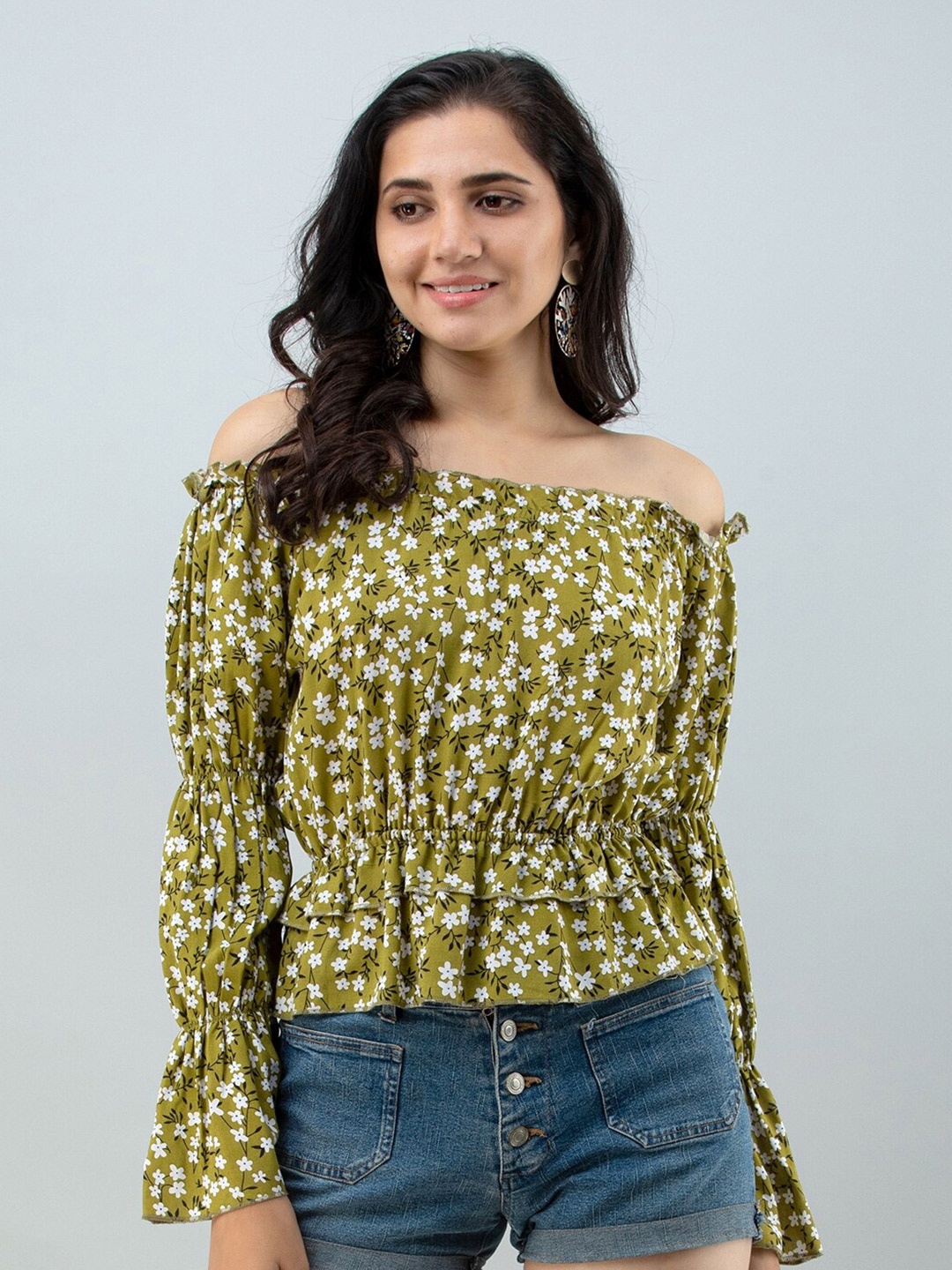 

FLAMBOYANT Floral Print Off-Shoulder Bardot Top, Green