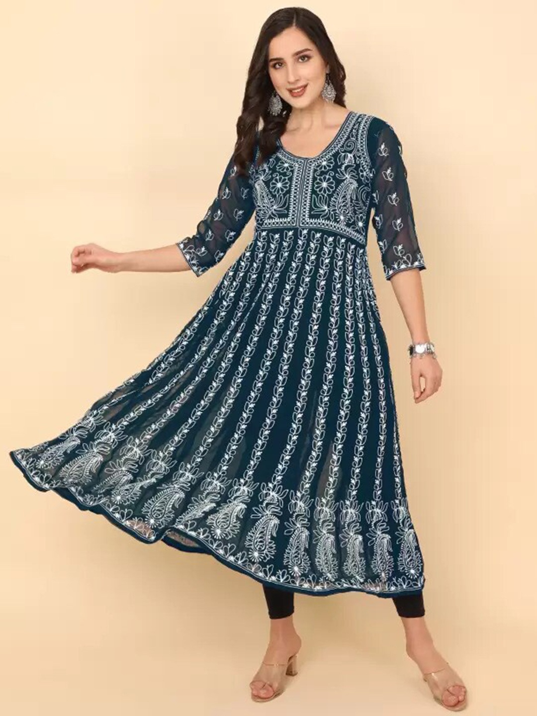 

FabFairy Women Ethnic Motifs Printed Anarkali Kurta, Navy blue