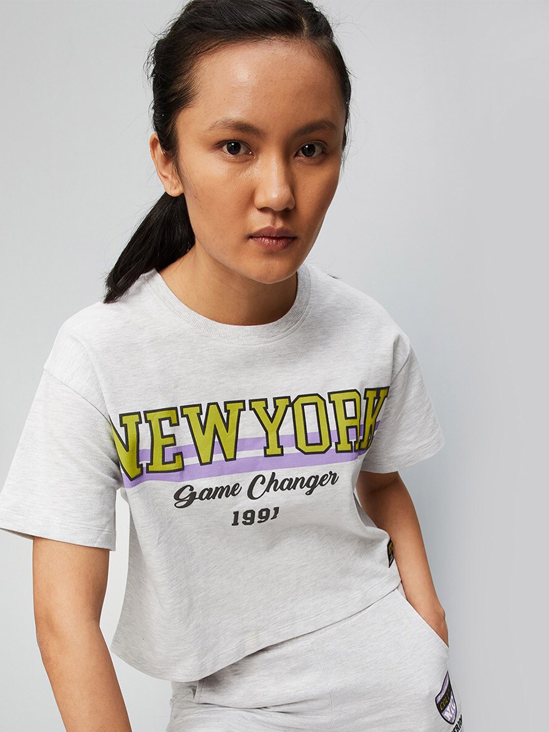 

max Women Typography Printed Cotton T-shirt, Grey