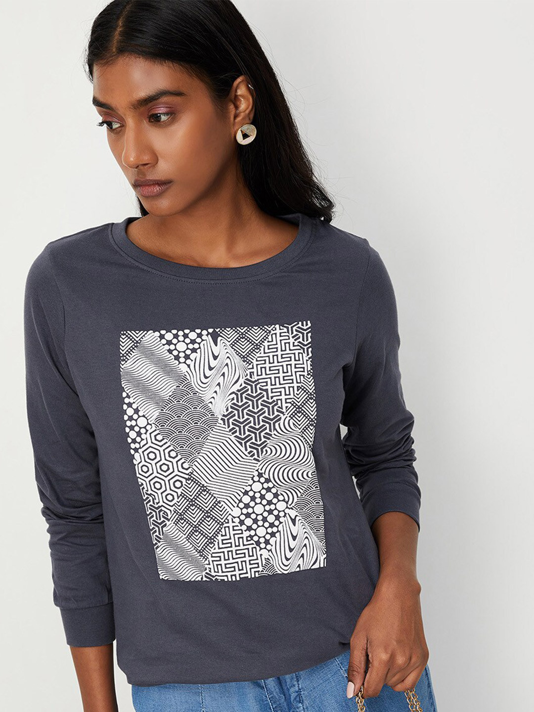 

max Women Printed Cotton T-shirt, Grey