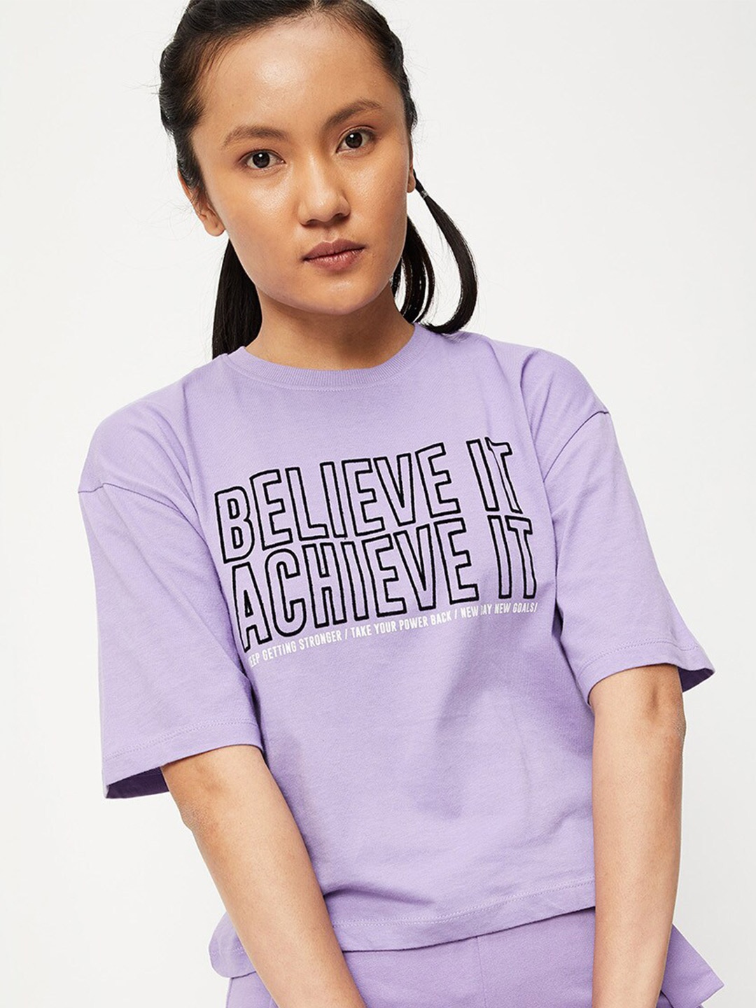 

max Women Typography Printed Cotton T-shirt, Purple