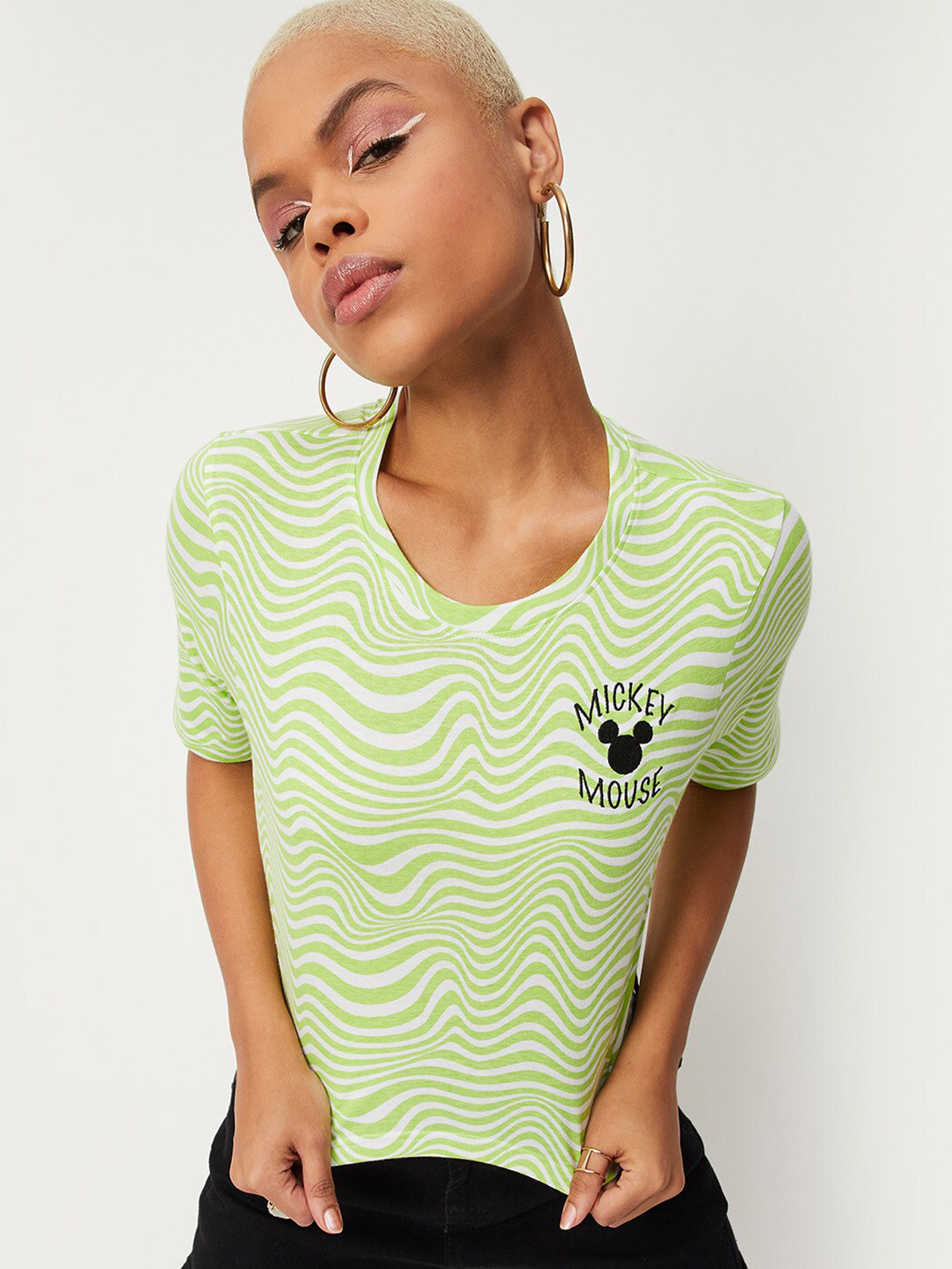 

max Women Printed Pure Cotton T-shirt, Green