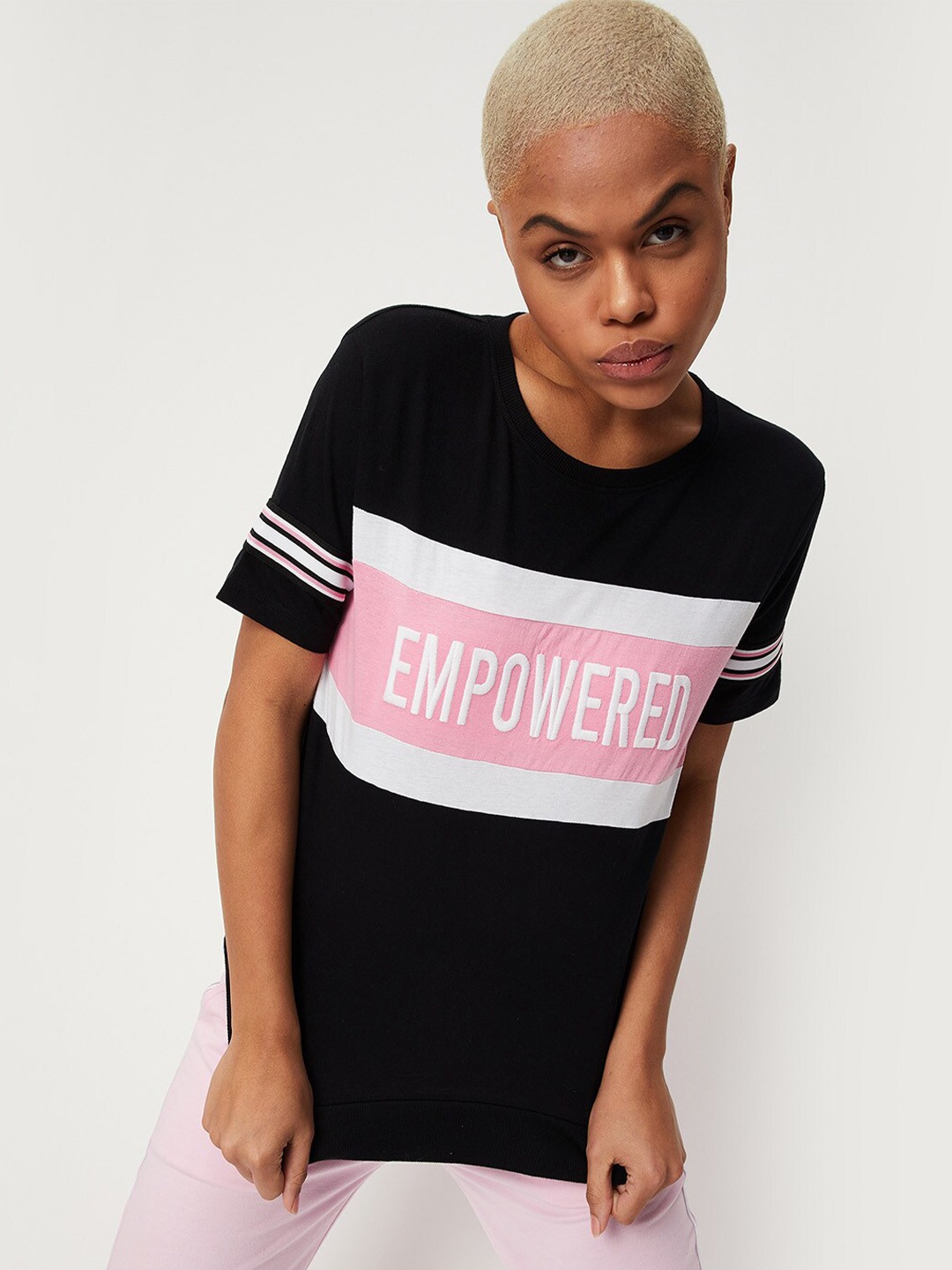 

max Women Colourblocked Pure Cotton T-shirt, Black