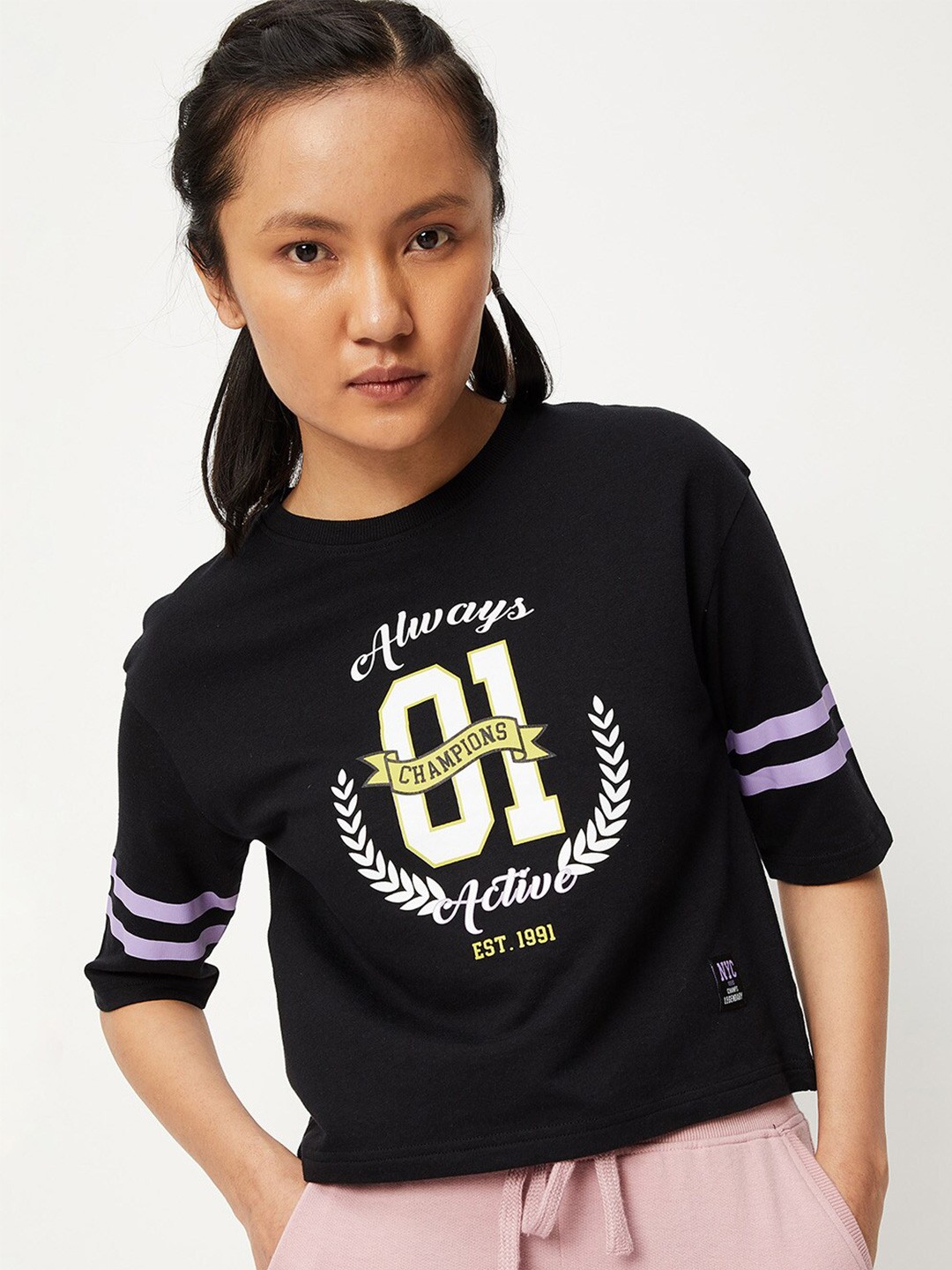 

max Women Printed Round Neck T-shirt, Black