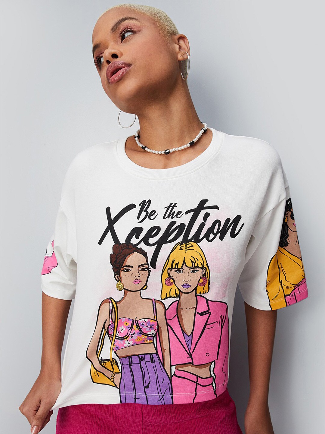 

max Women Cotton Printed T-shirt, Cream