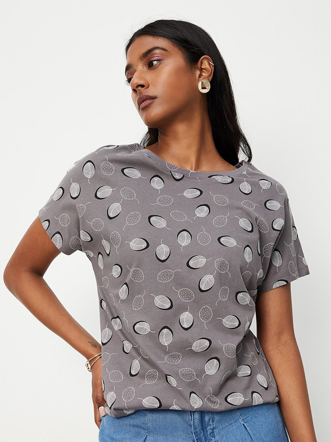 

max Women Cotton Printed T-shirt, Grey