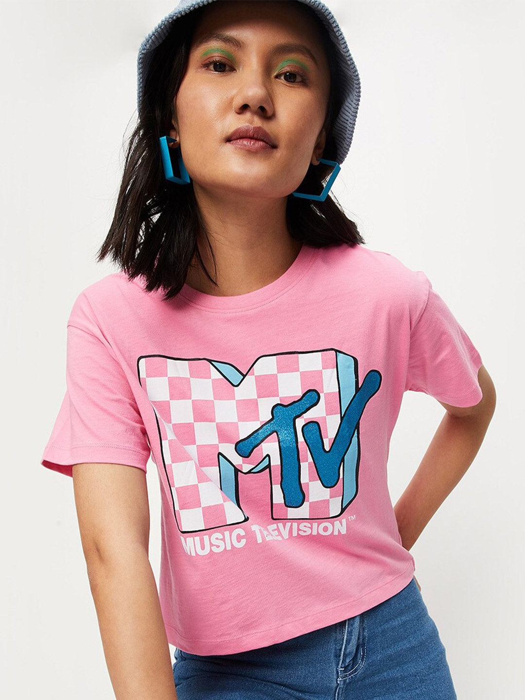 

max Women Cotton Printed T-shirt, Pink