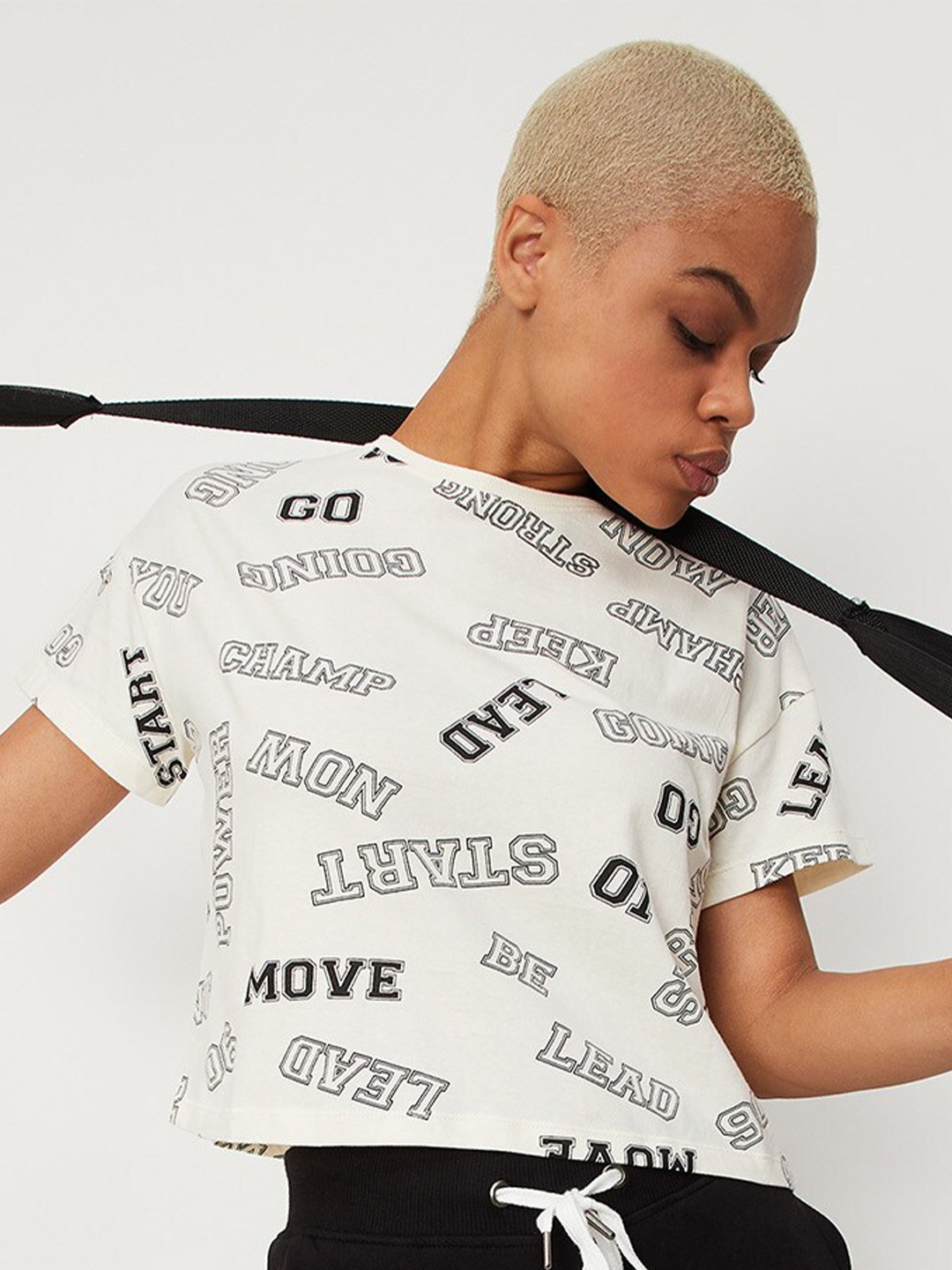 

max Women Typography Printed Cotton T-shirt, Beige