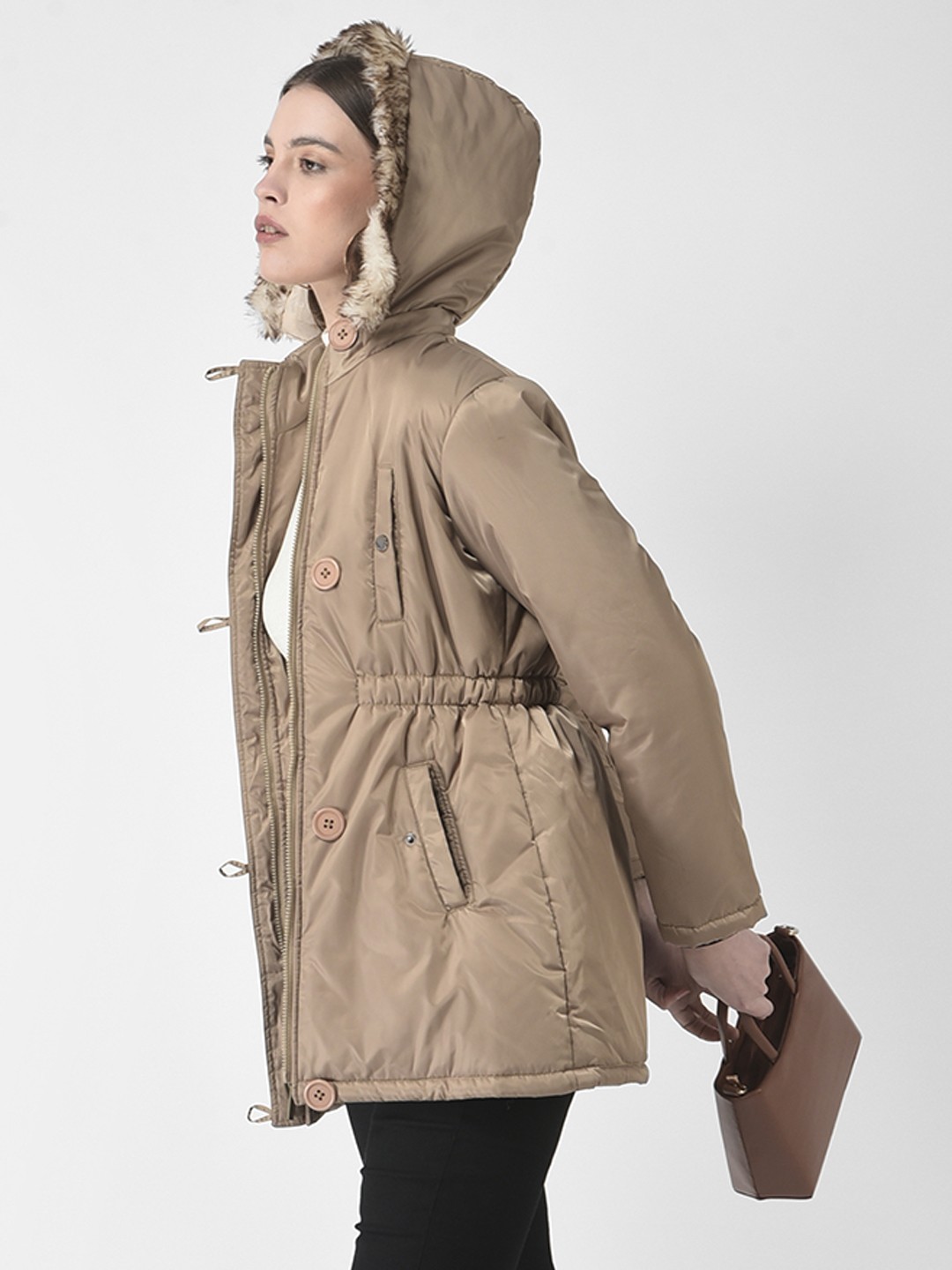 

Crimsoune Club Women Longline Hooded Parka Jacket, Beige
