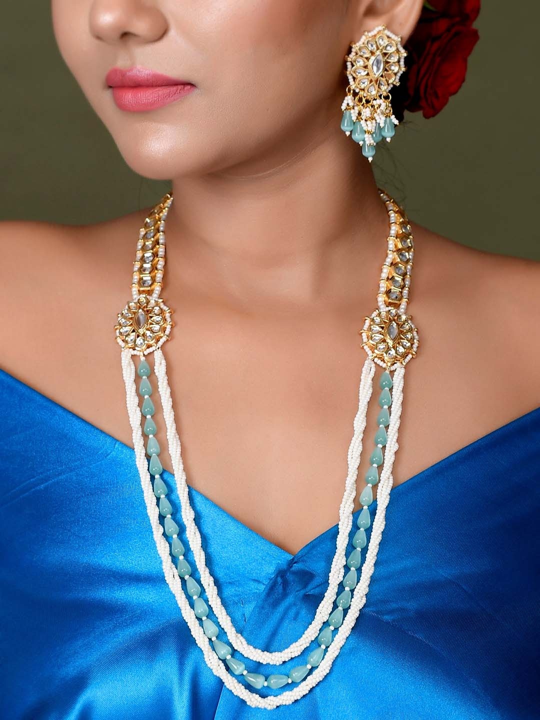 

DASTOOR Gold-Plated Kundan Studded & Beaded Brass Jewellery Set, Turquoise blue