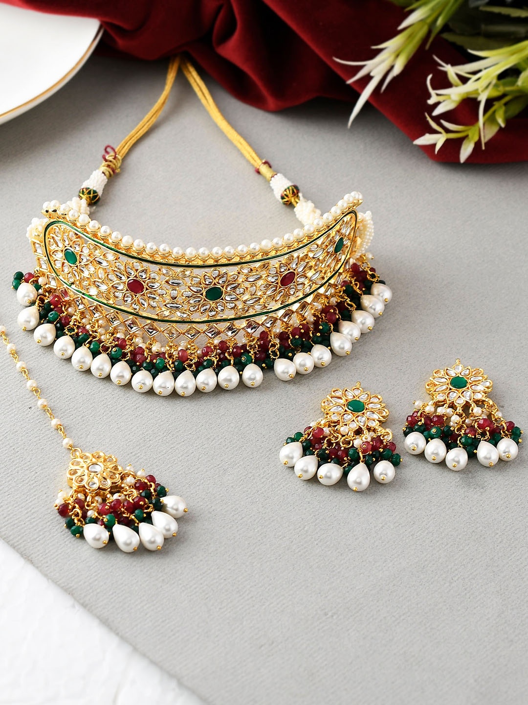 

DASTOOR Gold-Plated Stone-Studded & Beaded Choker Necklace Set