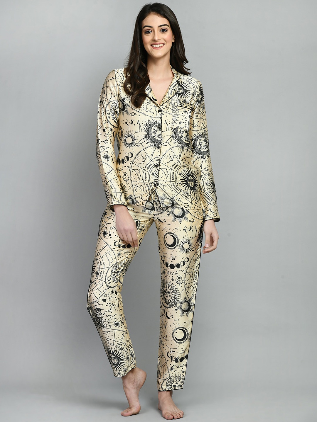 

PRETTY LOVING THING Women Printed Satin Night suit, Cream