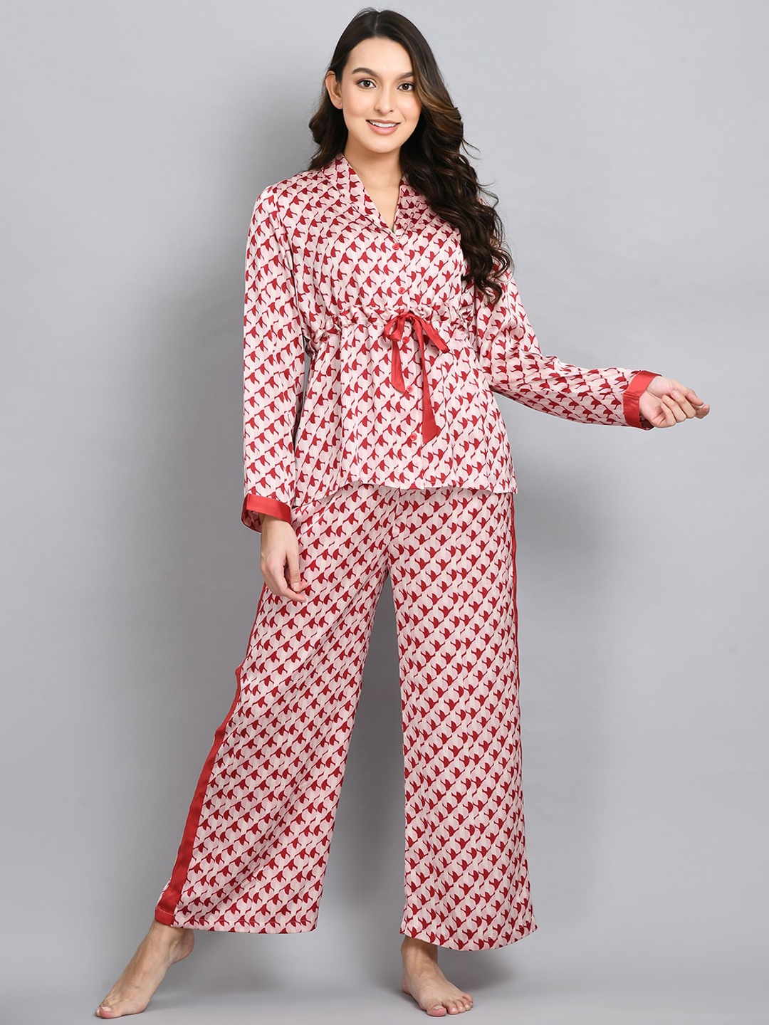 

PRETTY LOVING THING Women Printed Satin Night suit, Maroon