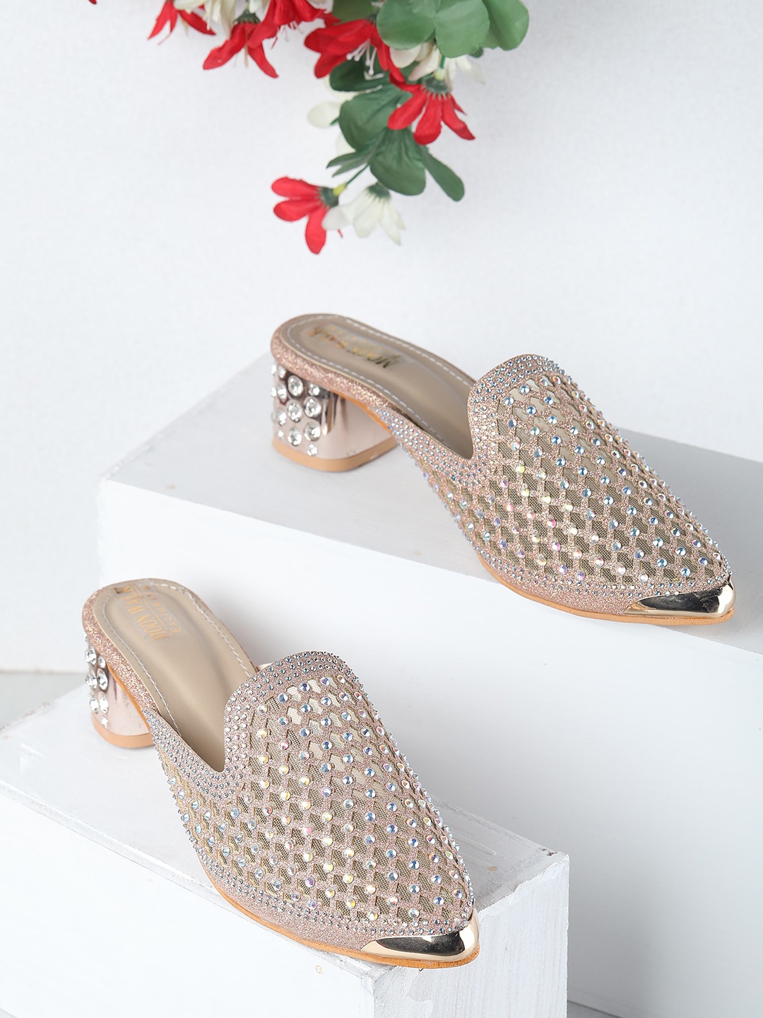 

Moonwalk Embellished Block Heels Mules, Gold