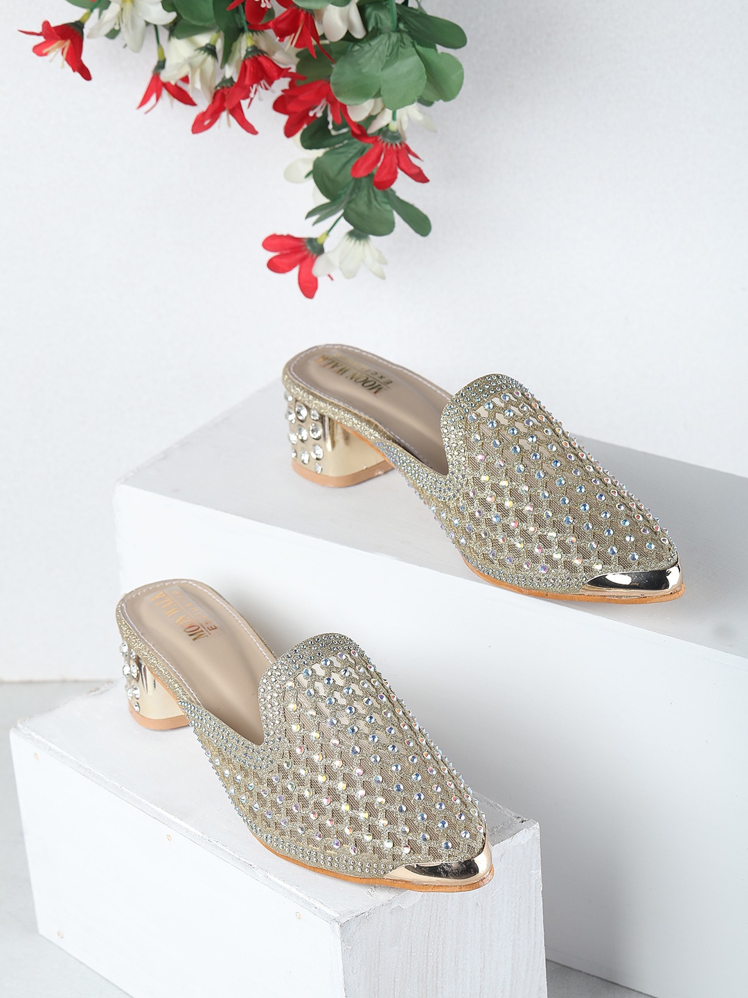 

Moonwalk Embellished Party Block Mules, Silver