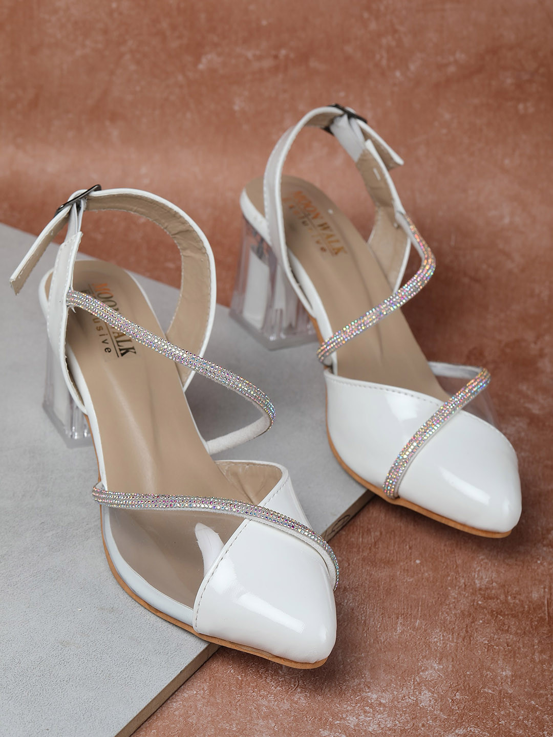 

Moonwalk Block Heels with Buckles, White
