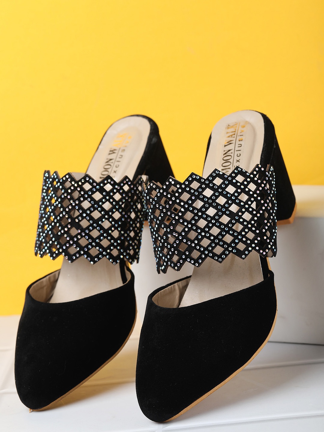 

Moonwalk Embellished Party Block Mules, Black