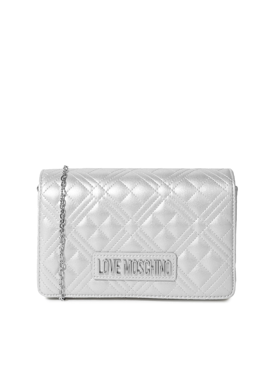 

LOVE MOSCHINO Textured PU Structured Sling Bag with Quilted, Silver