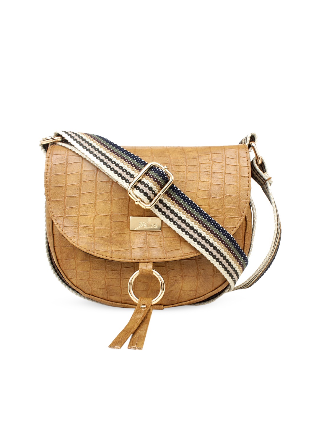 

yelloe Mustard Textured Structured Sling Bag with Tasselled