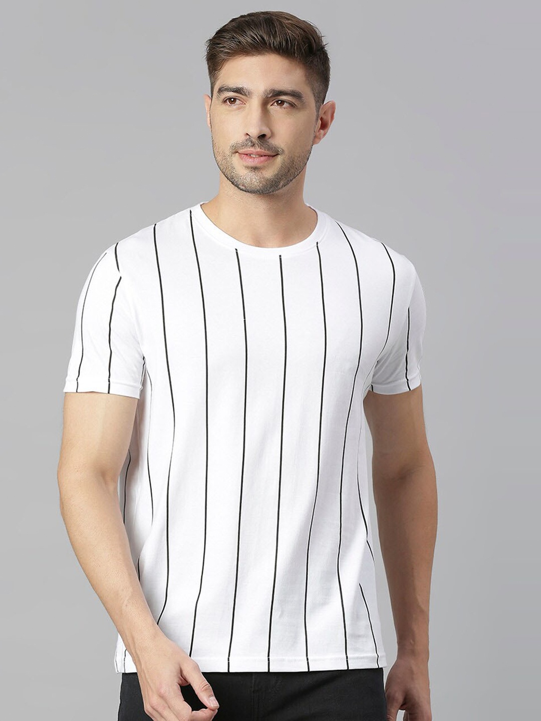 

Dennis Lingo Men Striped Monochrome Pure Cotton T-shirt, Off white
