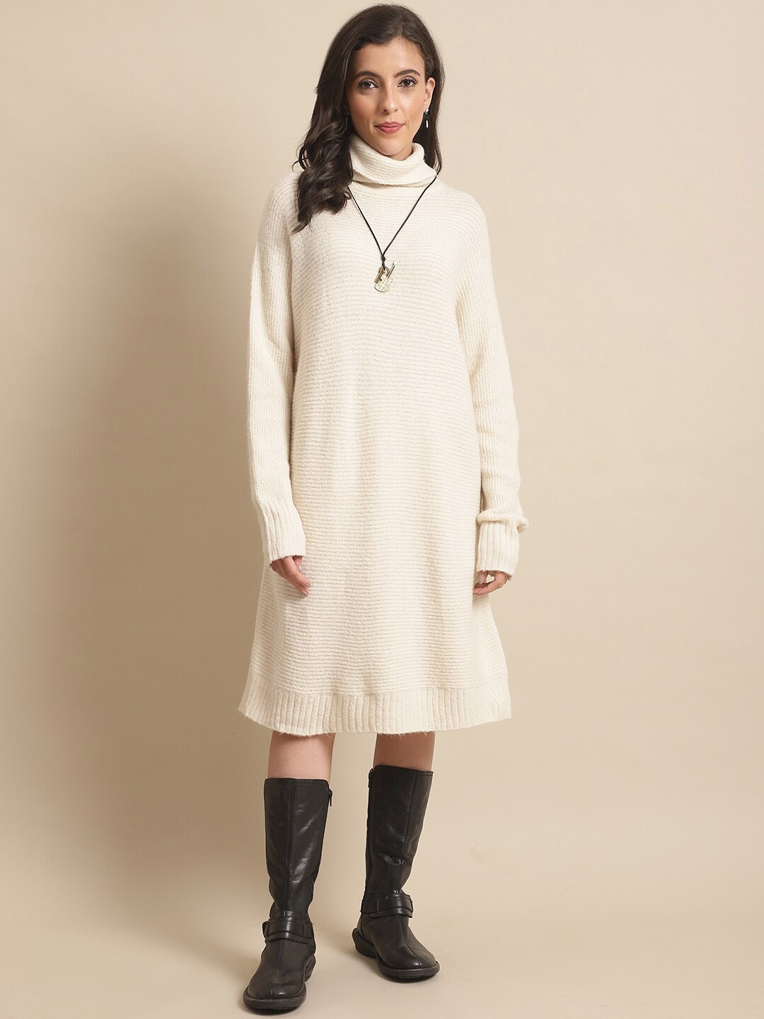 

NoBarr High Neck Knee Length Acrylic Jumper Dress, Cream