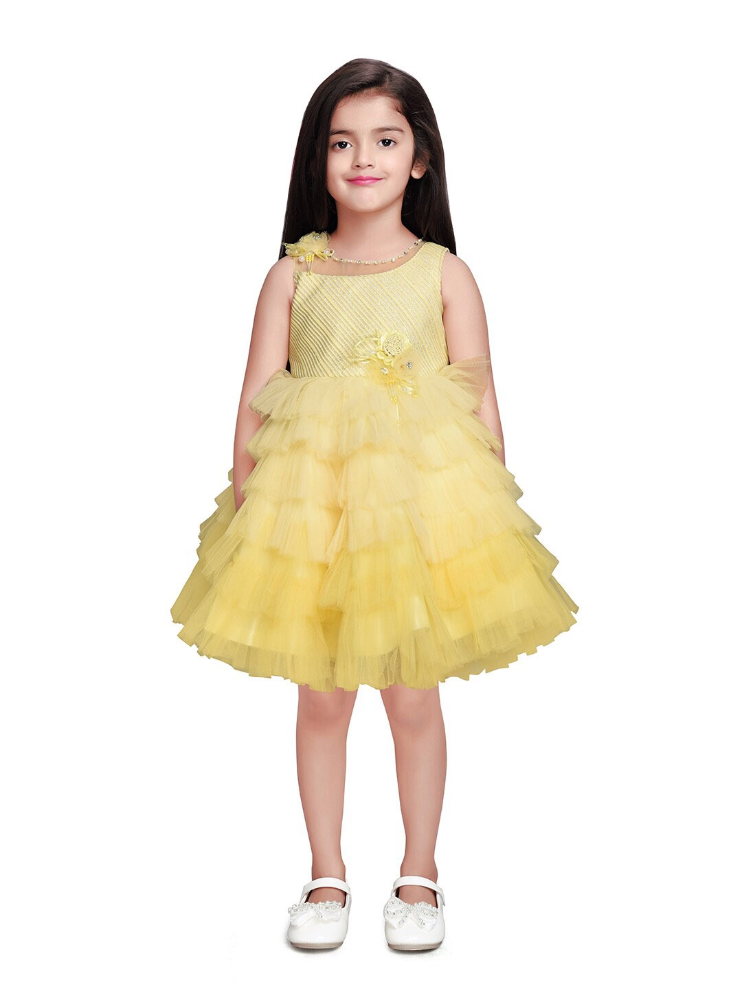 

BETTY Girls Applique Net Dress, Yellow