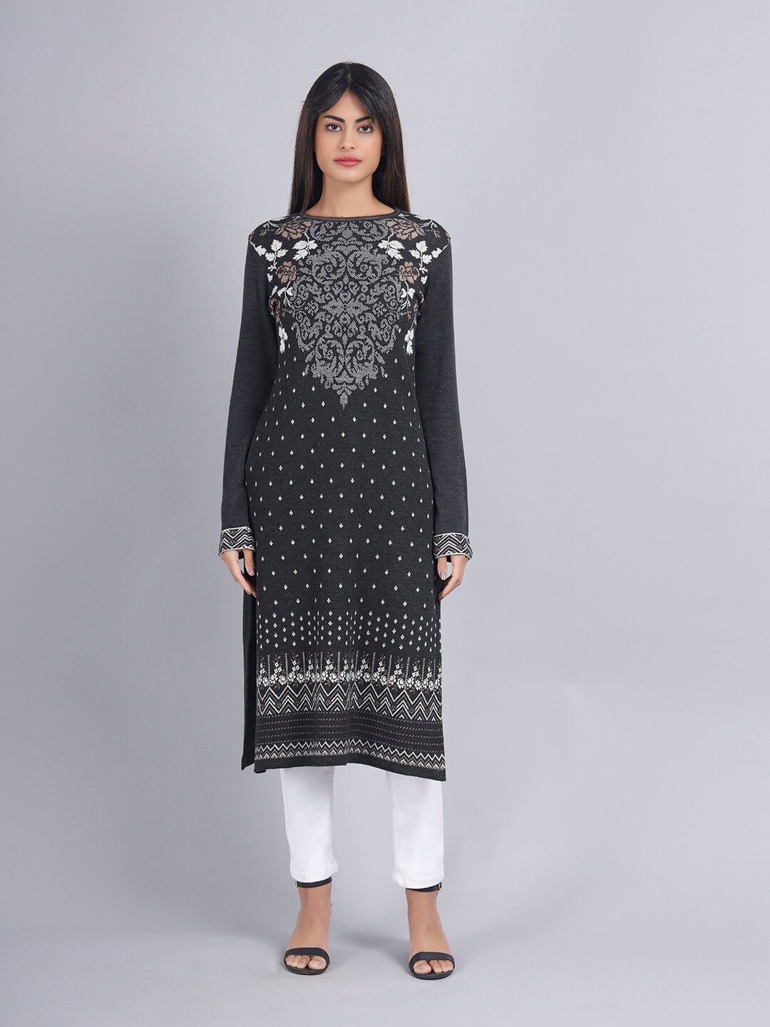 

KEIKO Ethnic Motifs Jacquard Kurta, Charcoal