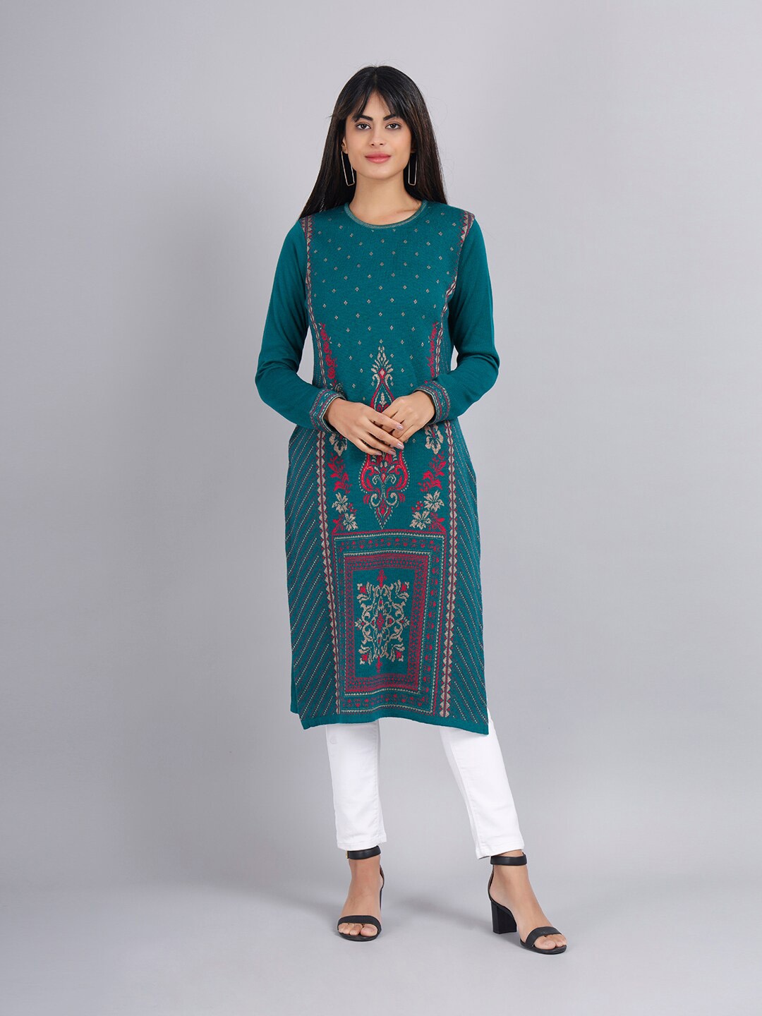 

KEIKO Women Ethnic Motifs Printed Round Neck Acrylic Kurta, Green