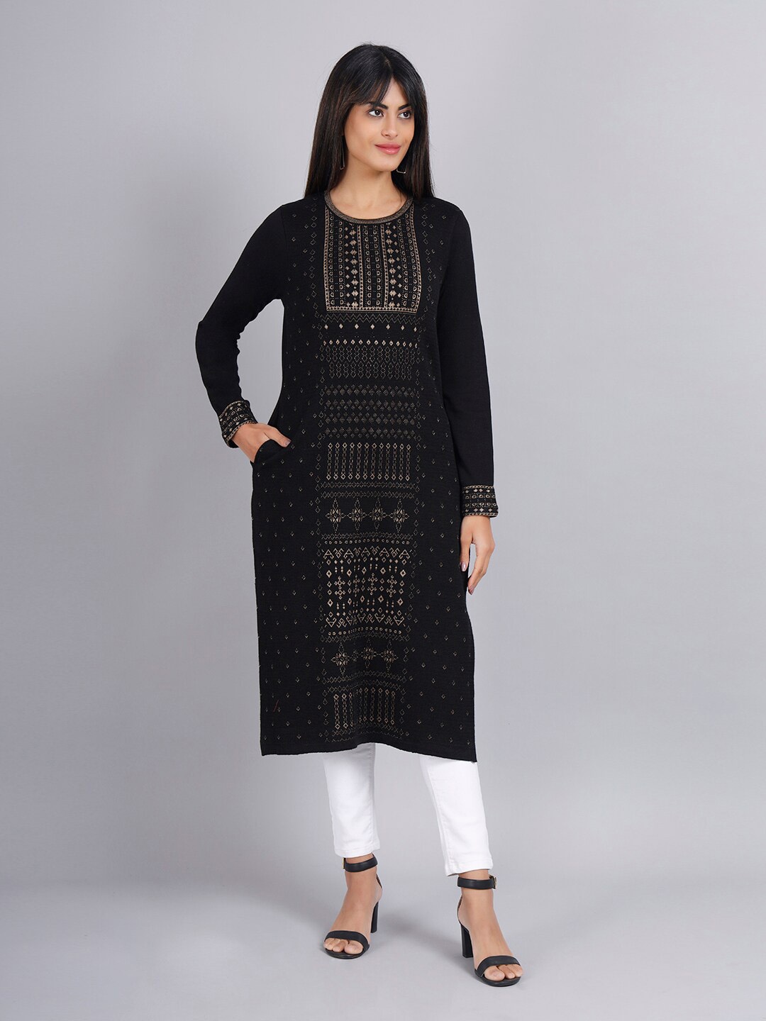 

KEIKO Women Ethnic Motifs Printed Jacquard Acrylic Kurta, Black