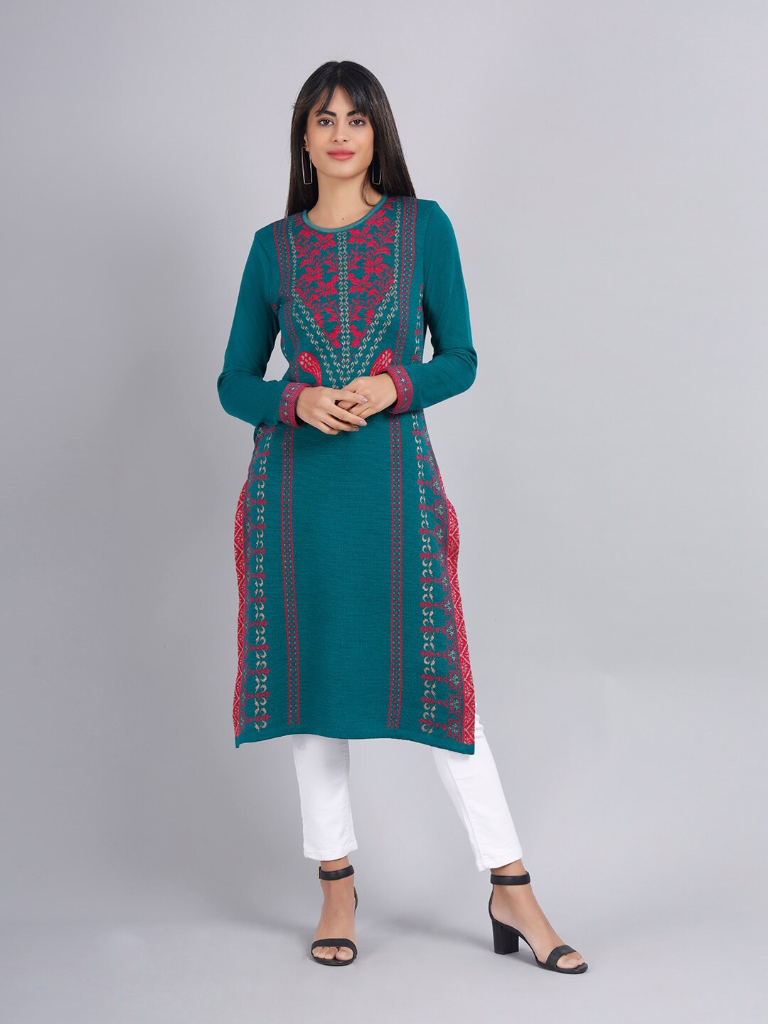 

KEIKO Ethnic Motifs Printed Jacquard Kurta, Green