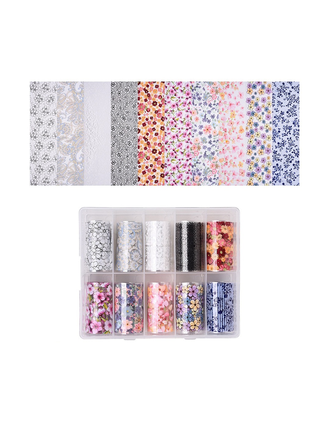 

S.A.V.I. Set Of 10 Rolls Flower Pattern DIY Nail Foil Transfer Sticker, White