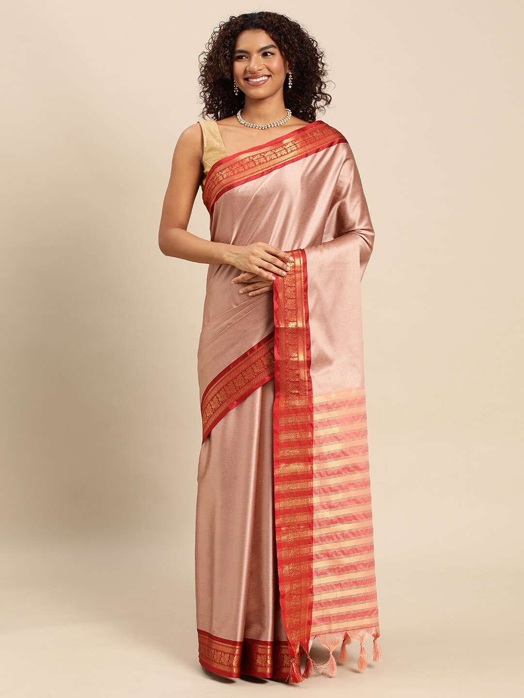 

M M Venture Zari Saree, Peach
