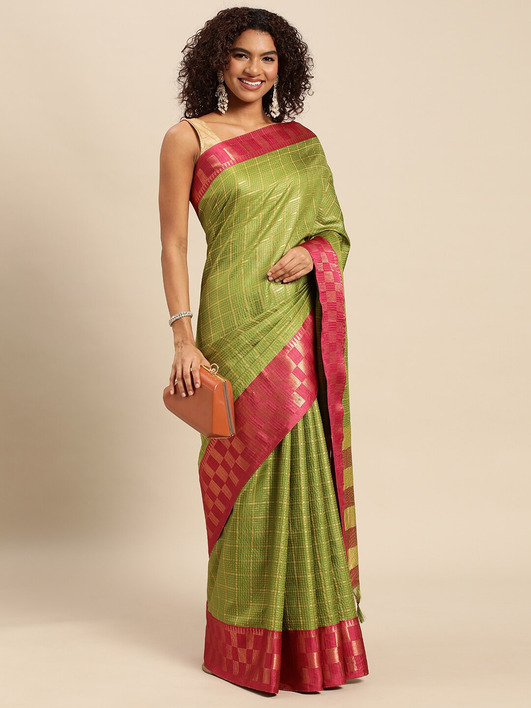 

M M Venture Checked Zari Saree, Green