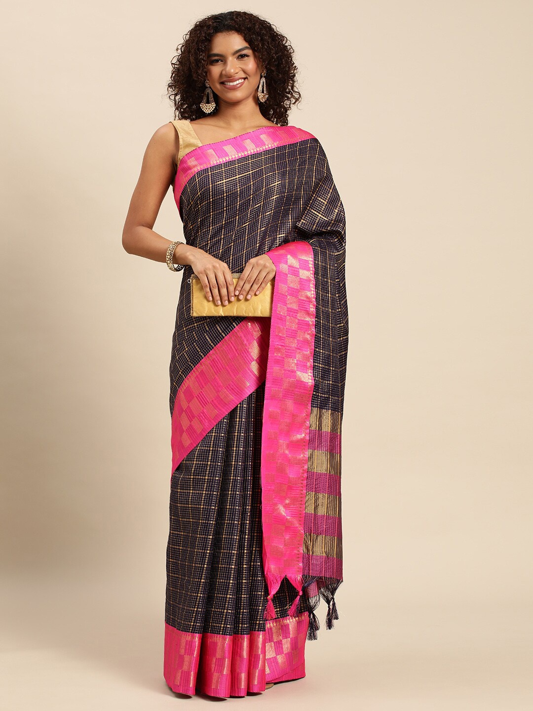 

M M Venture Checked Zari Saree, Blue