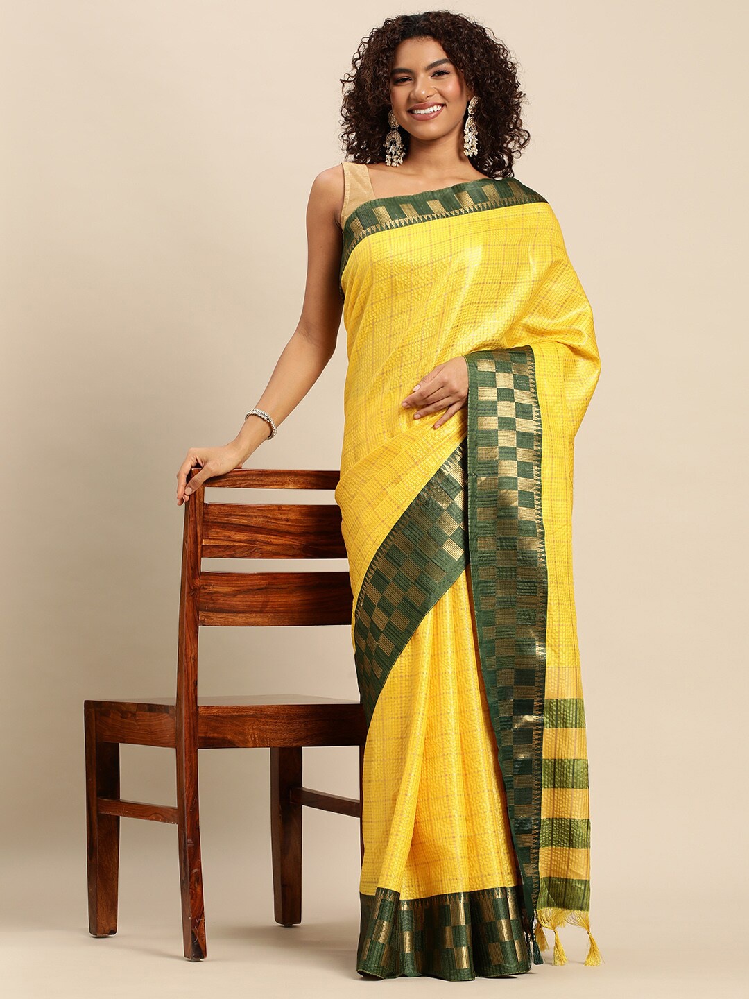 

M M Venture Checked Zari Silk Cotton Saree, Yellow