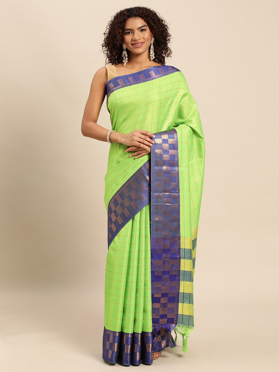 

M M Venture Checked Zari Silk Cotton Saree, Green