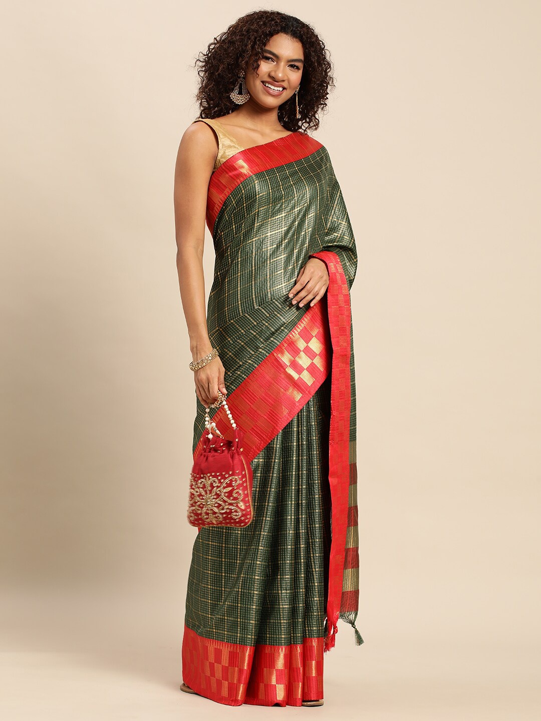 

M M Venture Checked Zari Silk Cotton Saree, Green