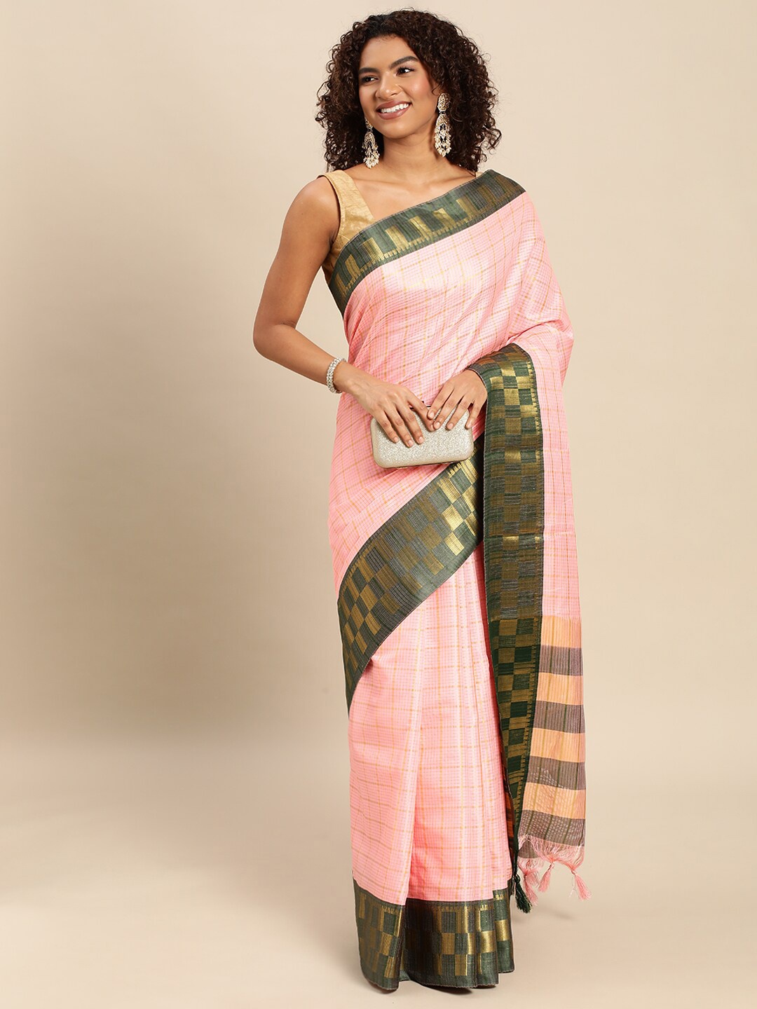 

M M Venture Checked Zari Silk Cotton Saree, Pink