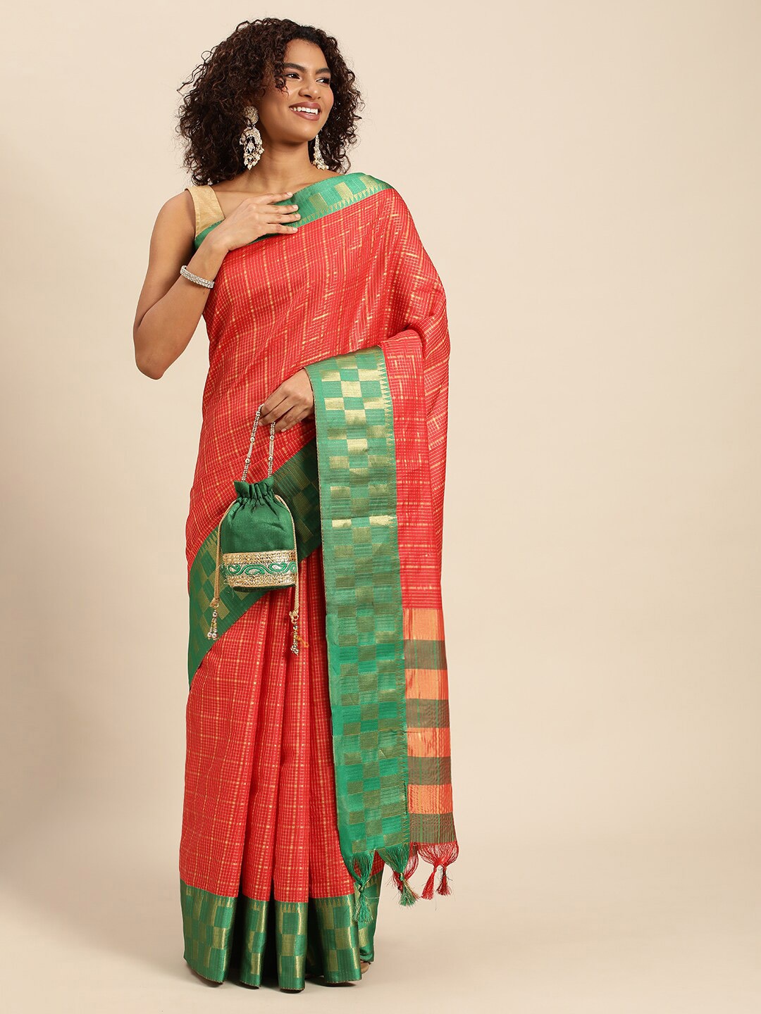 

M M Venture Checked Zari Silk Cotton Saree, Red