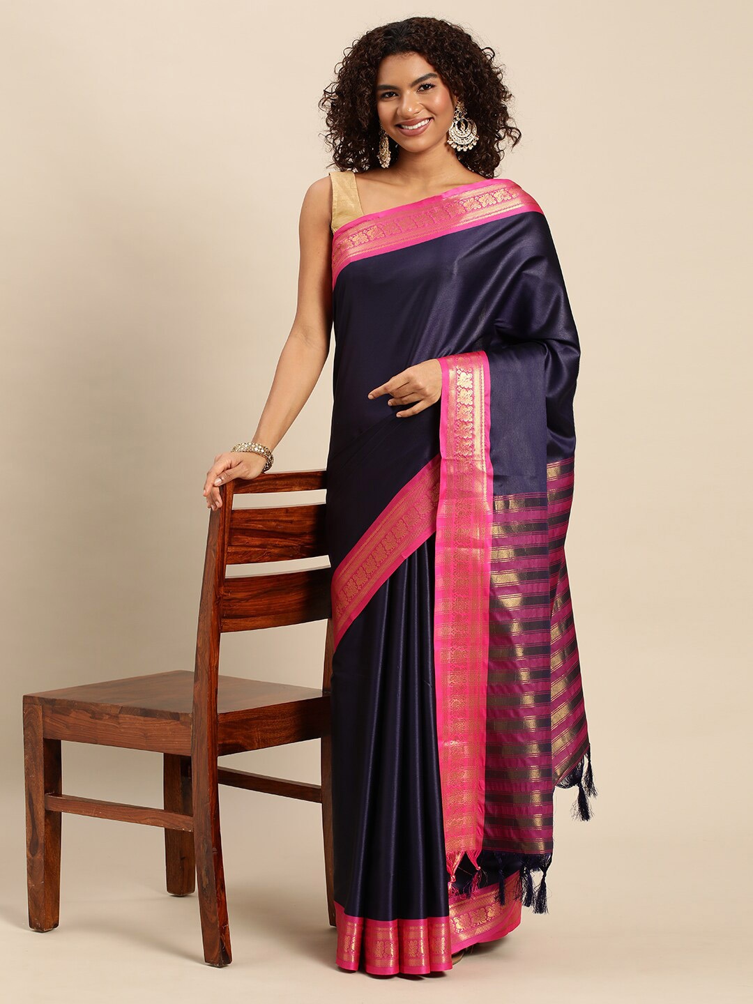 

M M Venture Zari Silk Cotton Saree, Navy blue