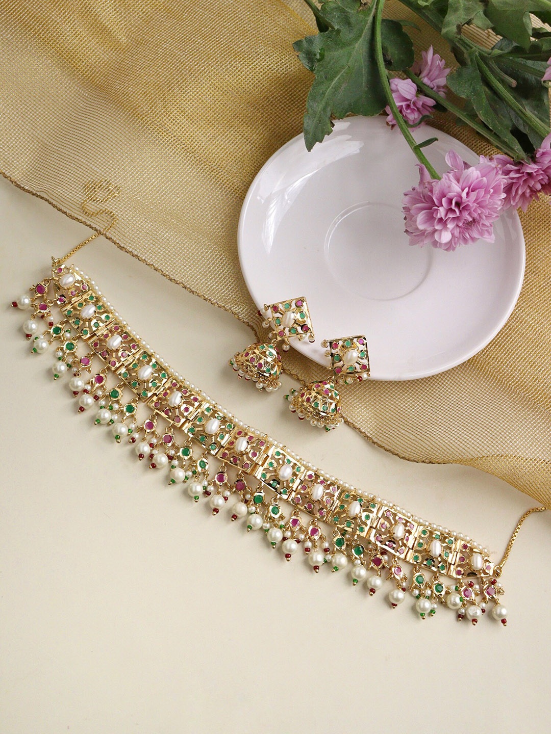 

CURIO COTTAGE Gold-Plated Stone-Studded & Pearl Beaded Jewellery Set