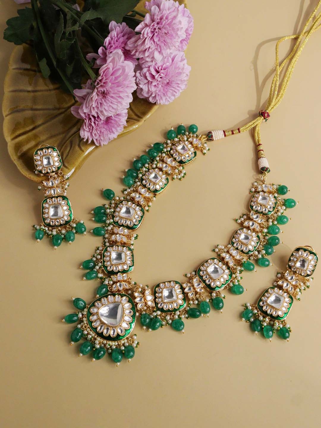 

CURIO COTTAGE Gold-Plated Kundan-Studded & Pearl Beaded Jewellery Set, Green