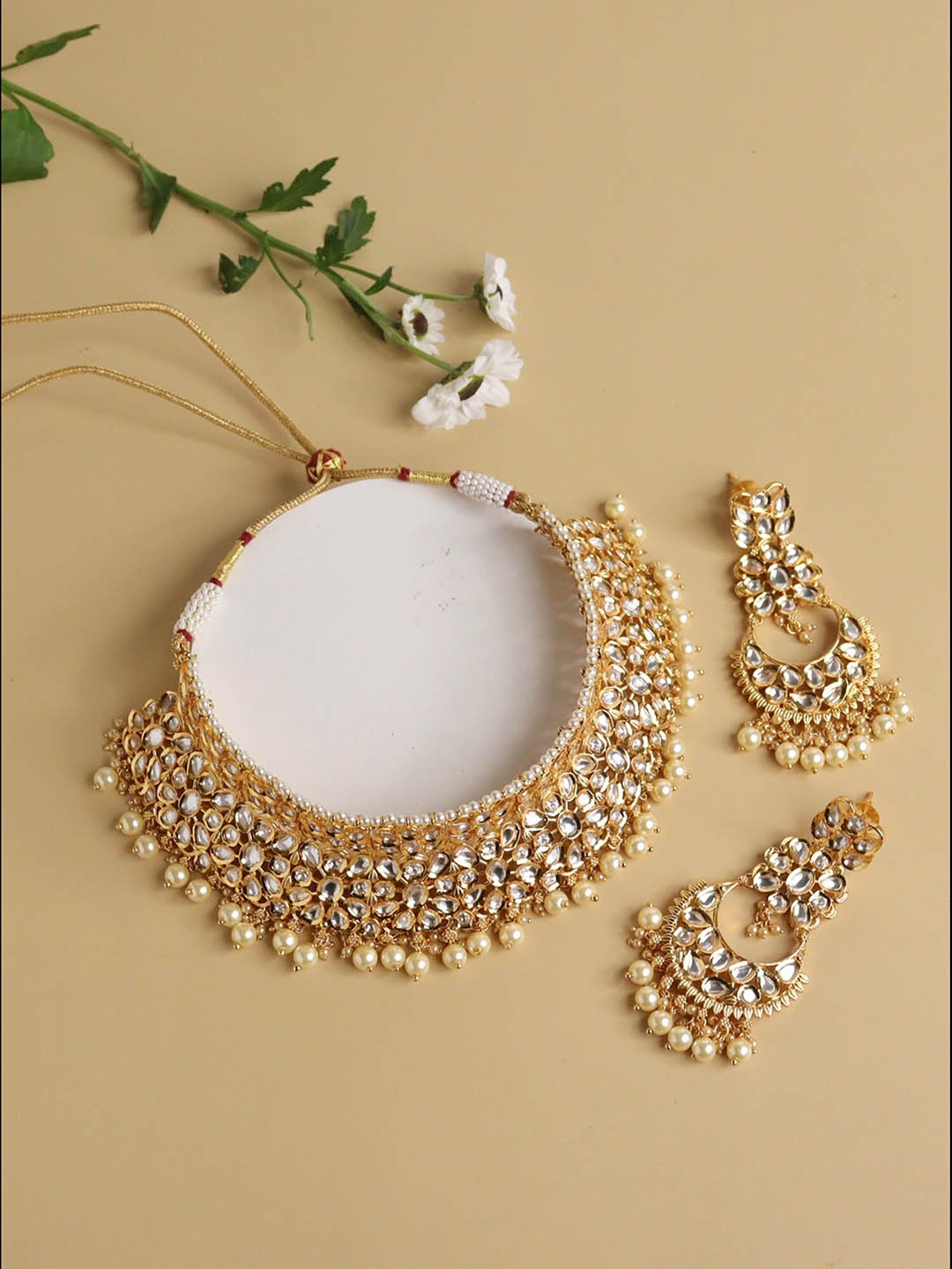 

CURIO COTTAGE Gold-Plated Kundan Studded & Beaded Jewellery Set