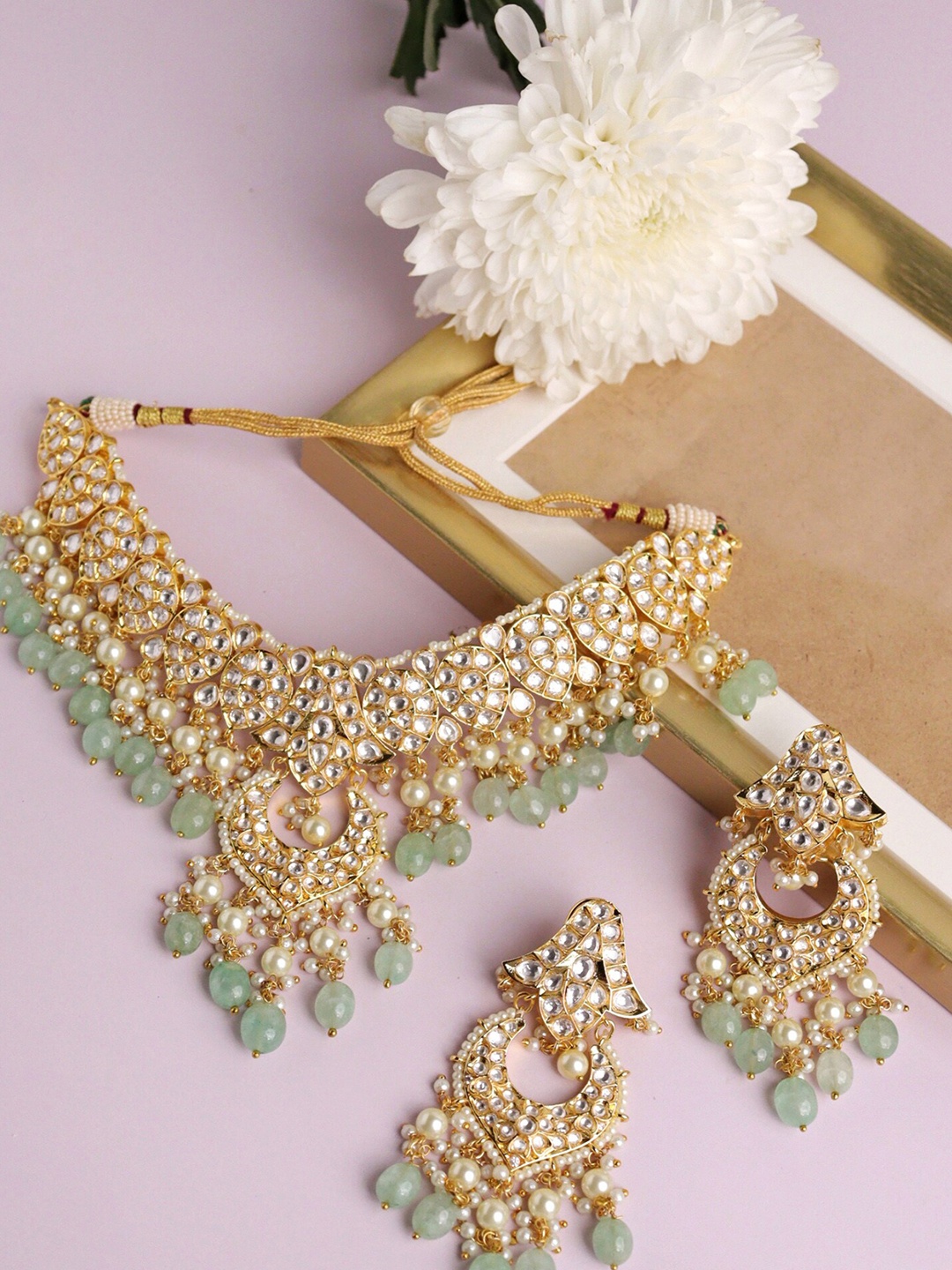 

CURIO COTTAGE Gold-Plated Kundan Studded & Beaded Jewellery Set
