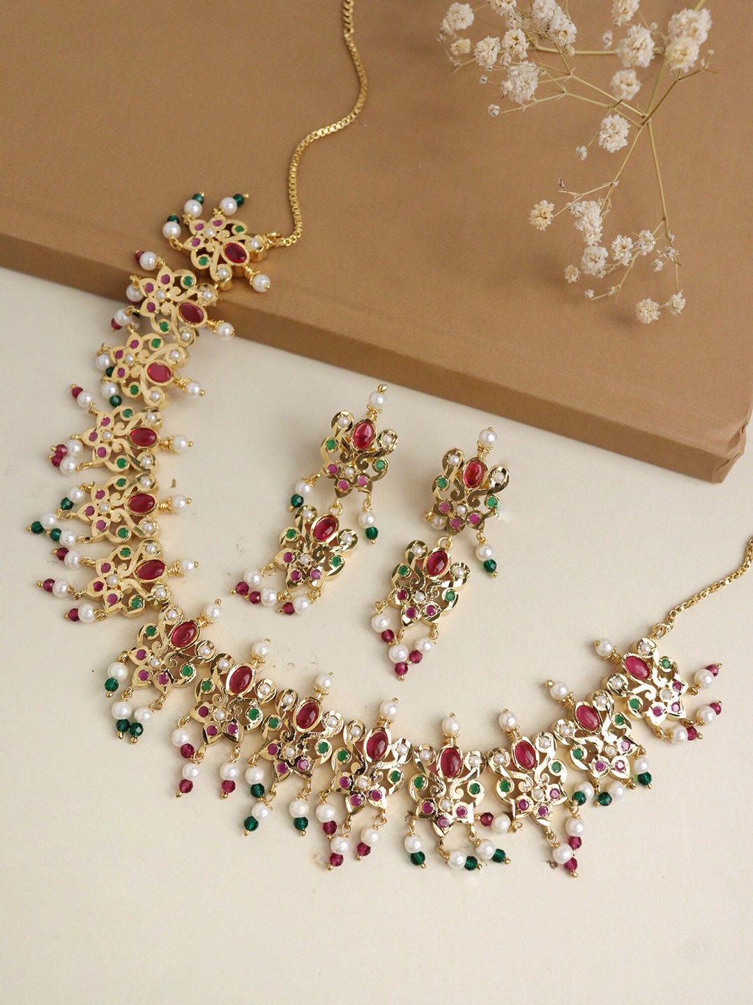 

CURIO COTTAGE Gold-Plated Stone-Studded & Pearl Beaded Jewellery Set, Red