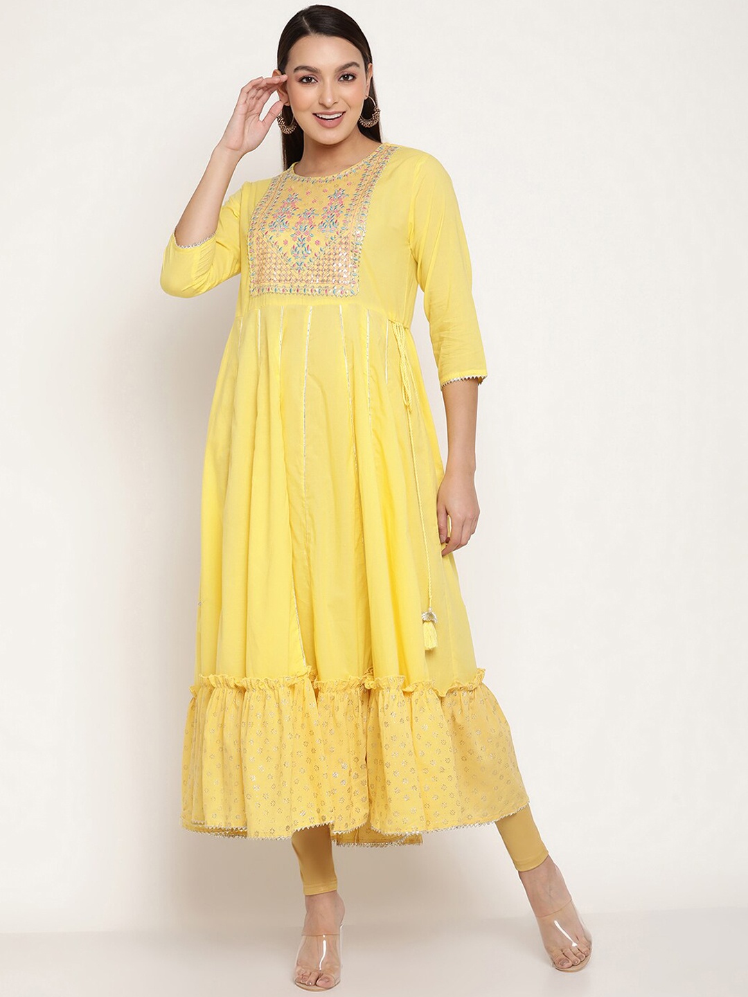 

aayusika Floral Embroidered Midi Cotton Fit & Flare Dress, Yellow