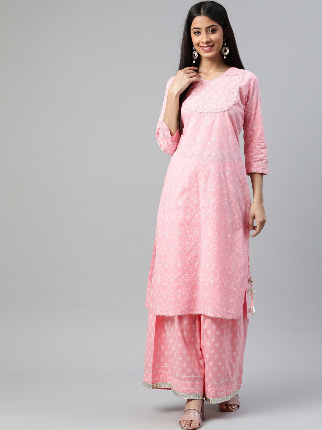 

aayusika Women Ethnic Motifs Printed Gotta Patti Pure Cotton Kurta with Palazzos, Pink